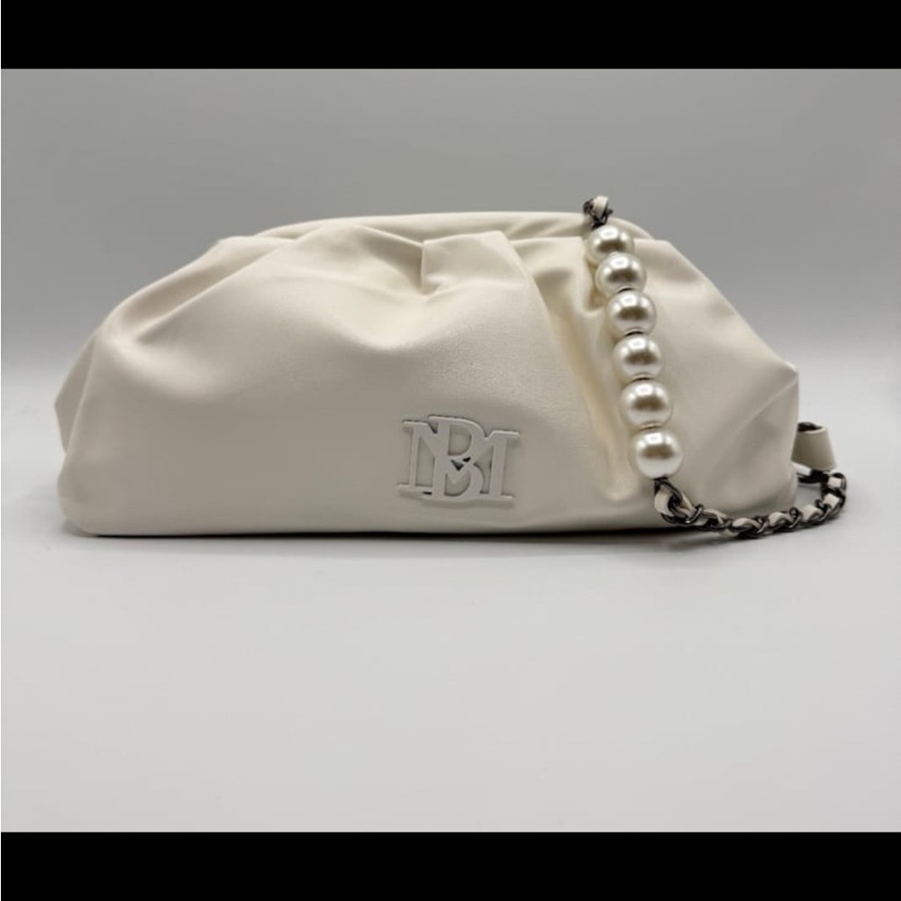 Badgley Mischka Cream Satin Crossbody Bag with Pearl Chain